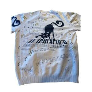 SHEIN Mens Large Cream Music Cat Piano Graphic Knit Sweater Long Sleeve L